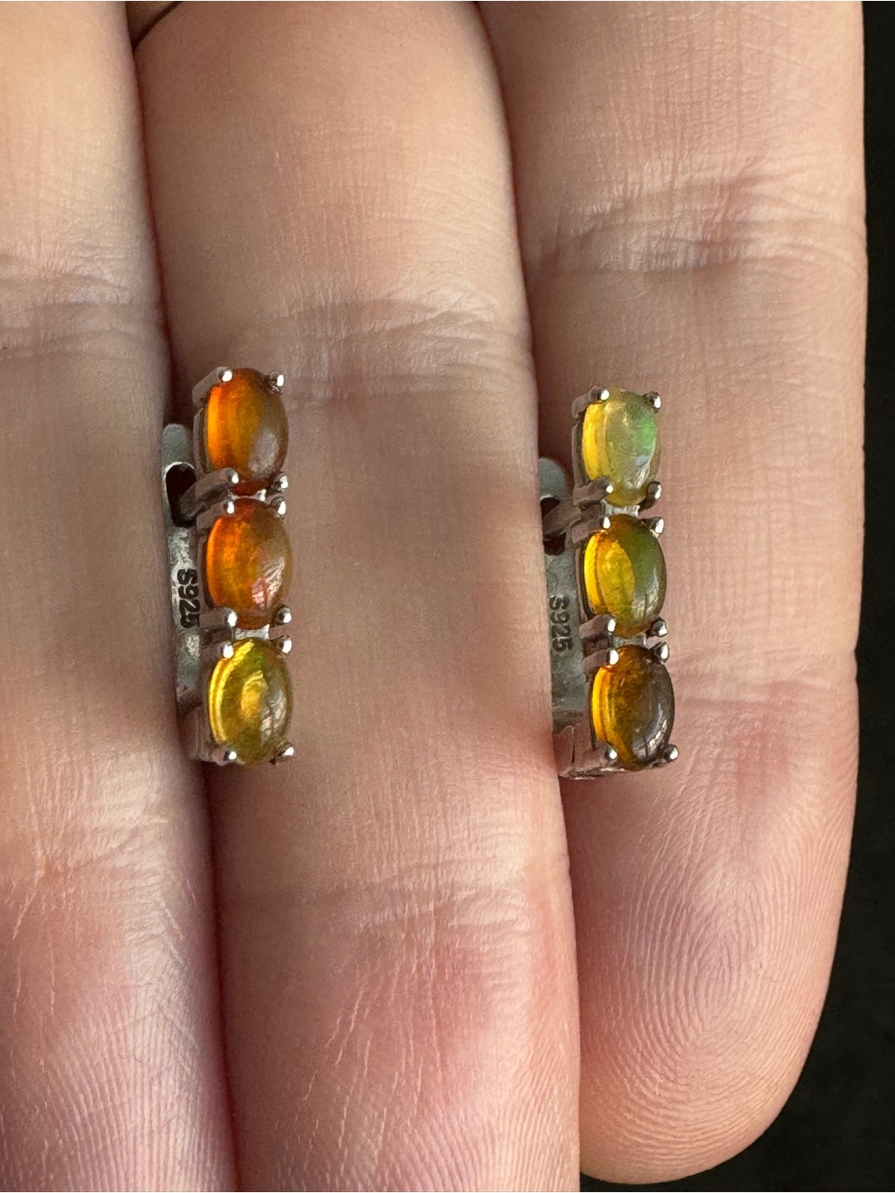 Sterling Silver 925 Opal Triple Stone Leverback Earrings